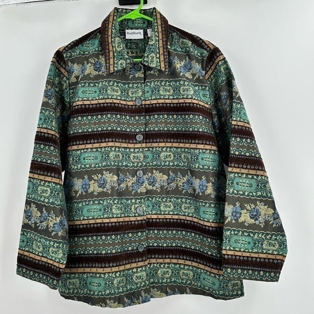BonWorth Vintage Women’s Turquoise/Brown/Blue Tapestry Button Up Size Small